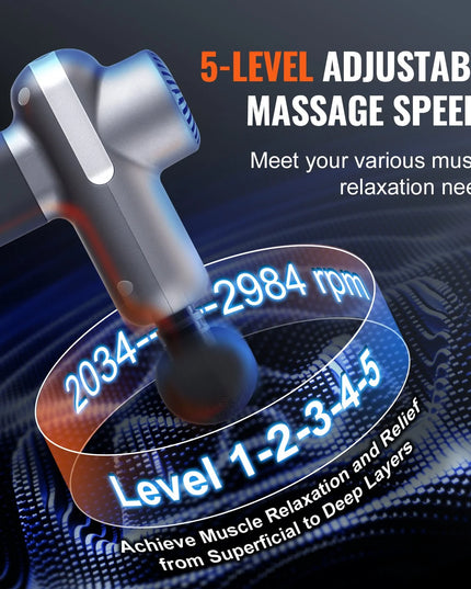 VEVOR Massage Gun Deep Tissue, Percussion Muscle Massager for Athletes - with 5 Speed Levels & 6 Massage Heads, 7.4V 2500Mah Batteries, Handheld Electric Massage Gun for Pain Relief, Muscle Relaxation