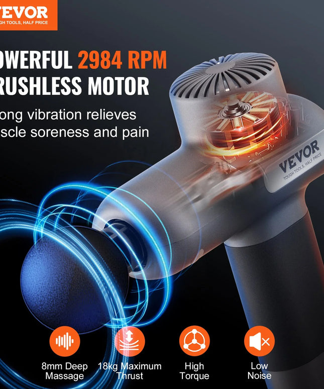 VEVOR Massage Gun Deep Tissue, Percussion Muscle Massager for Athletes - with 5 Speed Levels & 6 Massage Heads, 7.4V 2500Mah Batteries, Handheld Electric Massage Gun for Pain Relief, Muscle Relaxation