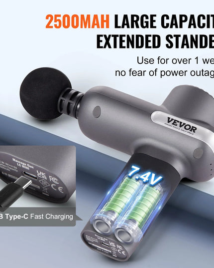 VEVOR Massage Gun Deep Tissue, Percussion Muscle Massager for Athletes - with 5 Speed Levels & 6 Massage Heads, 7.4V 2500Mah Batteries, Handheld Electric Massage Gun for Pain Relief, Muscle Relaxation