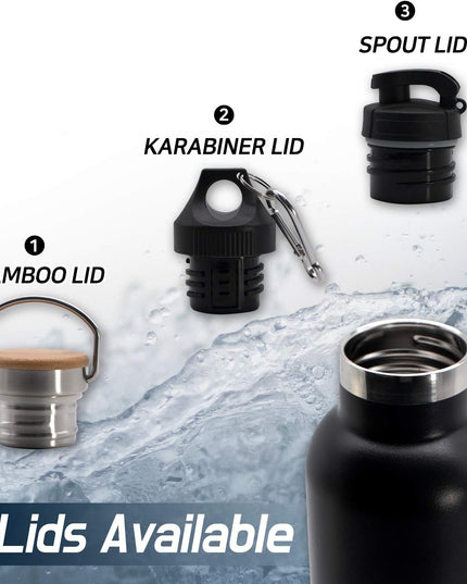 Stainless Steel Insulated Water Bottle 25 Oz with 3 Lids, Vacuum, Insulated Stainless Steel, Hot Water, Cold Water, Sports Water Bottle (Black)