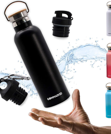 Stainless Steel Insulated Water Bottle 25 Oz with 3 Lids, Vacuum, Insulated Stainless Steel, Hot Water, Cold Water, Sports Water Bottle (Black)