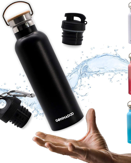 Stainless Steel Insulated Water Bottle 25 Oz with 3 Lids, Vacuum, Insulated Stainless Steel, Hot Water, Cold Water, Sports Water Bottle (Black)