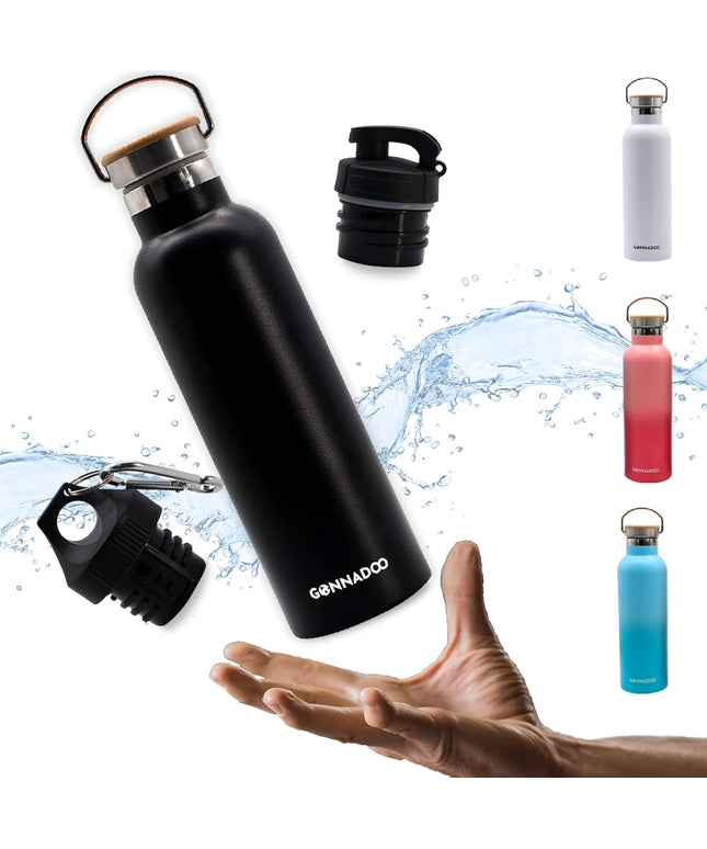 Stainless Steel Insulated Water Bottle 25 Oz with 3 Lids, Vacuum, Insulated Stainless Steel, Hot Water, Cold Water, Sports Water Bottle (Black)