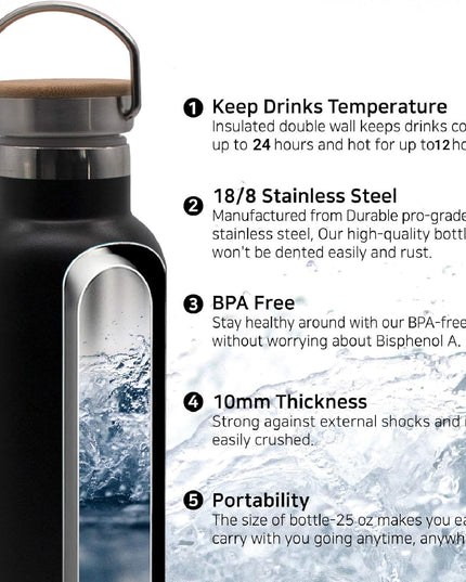 Stainless Steel Insulated Water Bottle 25 Oz with 3 Lids, Vacuum, Insulated Stainless Steel, Hot Water, Cold Water, Sports Water Bottle (Black)