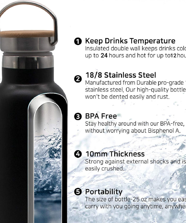 Stainless Steel Insulated Water Bottle 25 Oz with 3 Lids, Vacuum, Insulated Stainless Steel, Hot Water, Cold Water, Sports Water Bottle (Black)